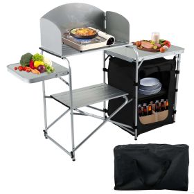 Camping Kitchen Station, Aluminum Portable Folding Camp Cook Table with Windshield, Storage Organizer and 4 Adjustable Feet, Quick Installation for Ou (Color: Black)