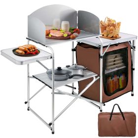 Camping Kitchen Station, Aluminum Portable Folding Camp Cook Table with Windshield, Storage Organizer and 4 Adjustable Feet, Quick Installation for Ou (Color: Brown)